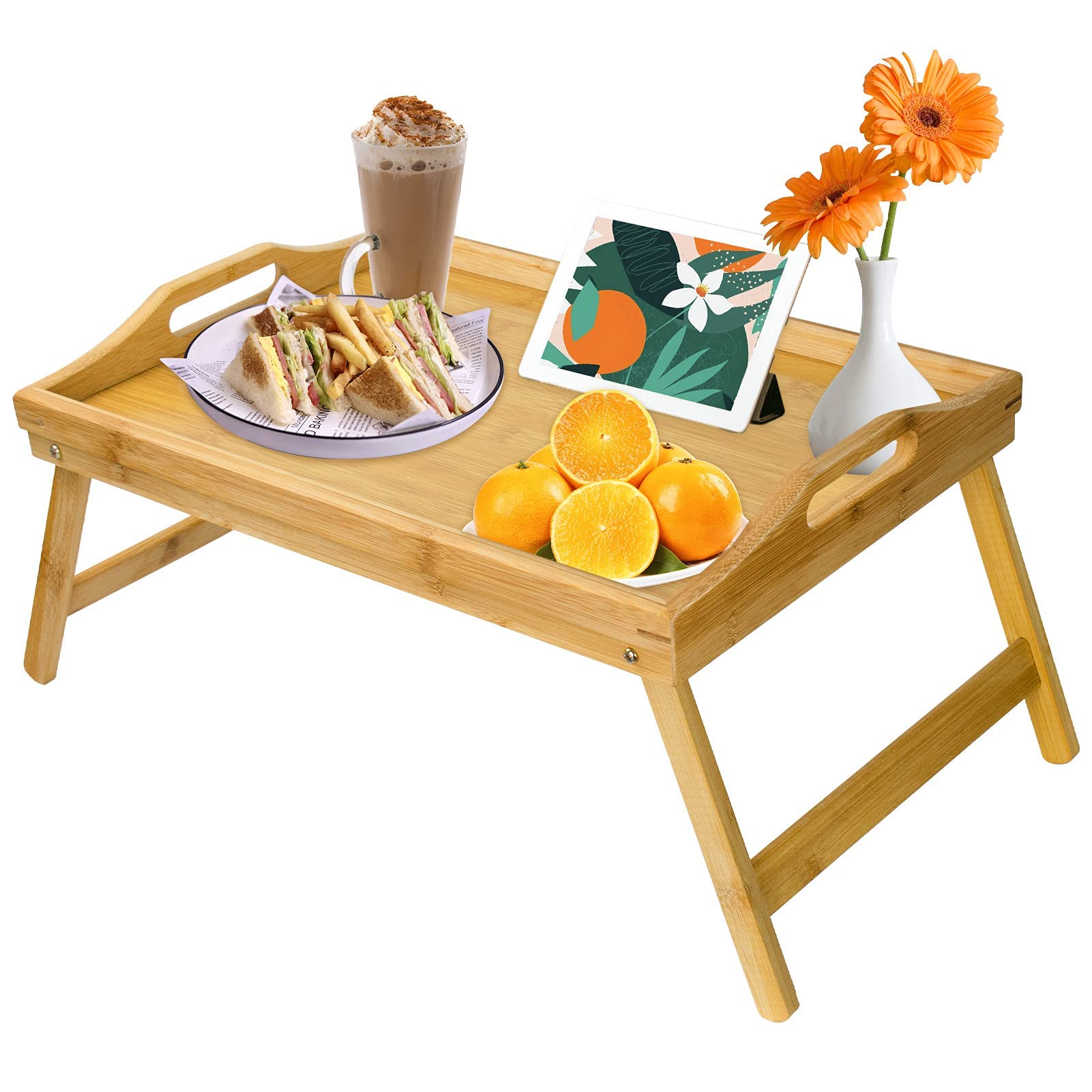 Vassoio per la Colazione, Vassoio da Letto in bambù con Gambe Pieghevoli, scrivania per Laptop, Vassoio da Portata, scrivania, Vassoio Snack per Divano, Letto, Mangiare, Lavoro
