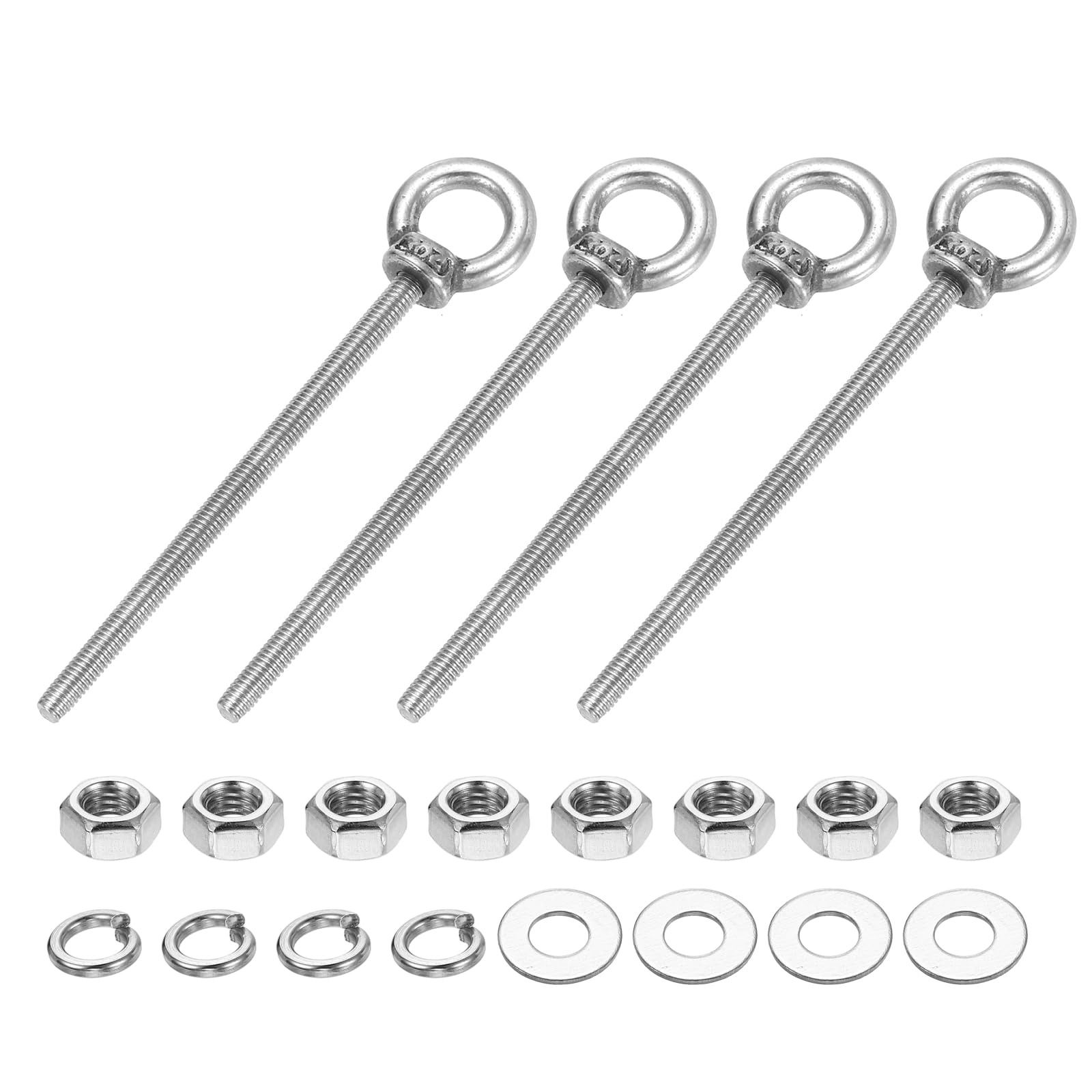PATIKIL M3 x 50mm Shoulder Eye Bolt, 4 Pcs 304 Stainless Steel Lifting Ring Threaded Eye Bolt with Double Nuts Spring and Flat Washers for Hanging Tie Down Straps Outdoor Indoor