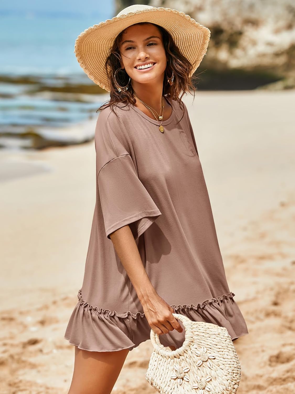 Tankaneo Womens Peplum Oversized Tshirt Summer Flowy Casual Shirt Dress Crew Neck Pleated Babydoll Beach Tunic Tops - Image 3