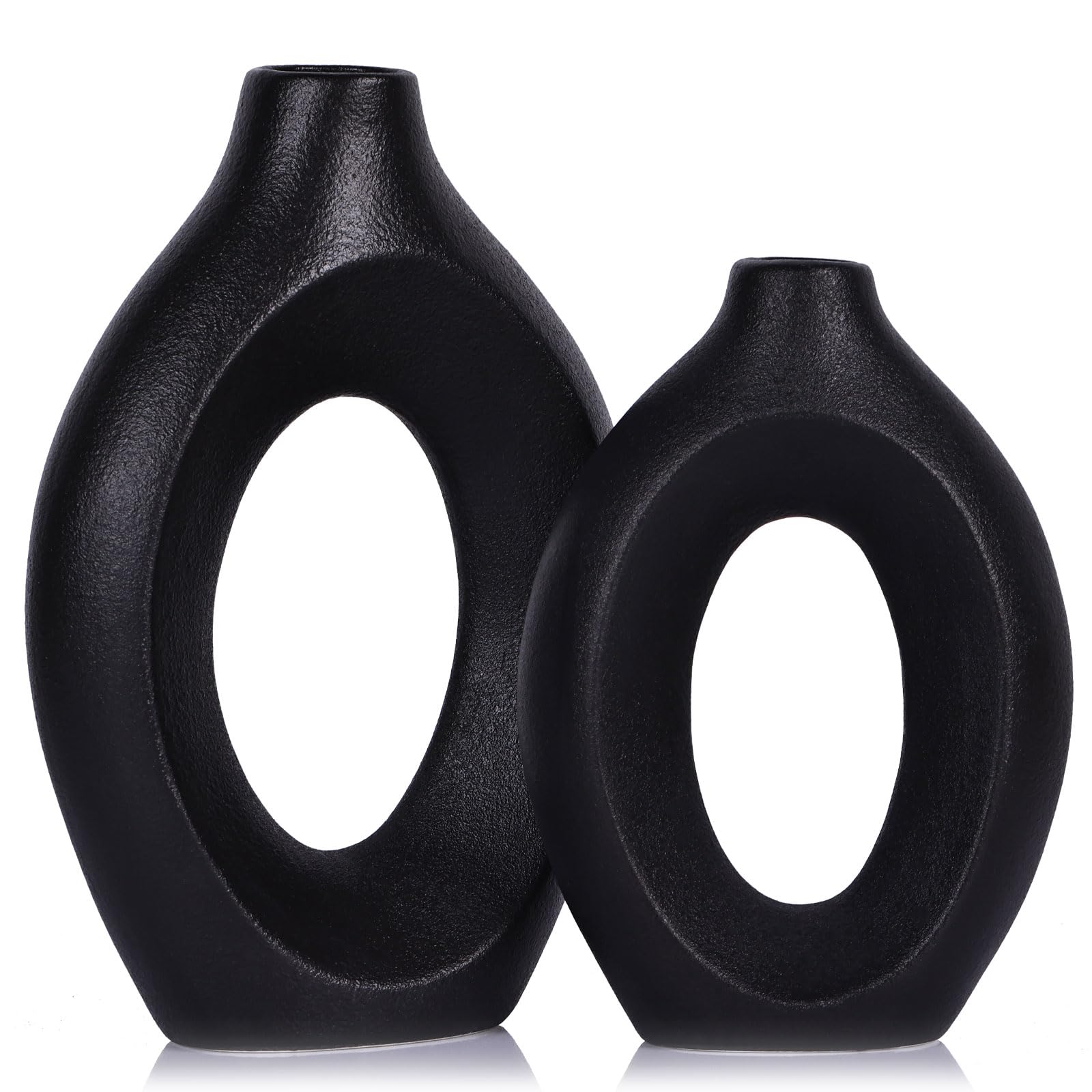Vase noir mat moderne creux en céramique, duo décoratif style bohème pour salon et chambre