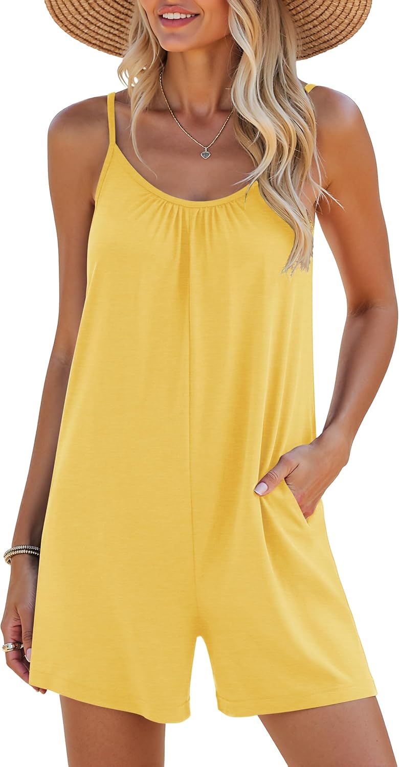 LILBETTER Womens Summer Casual Loose Rompers Sleeveless Stretchy Short Jumpsuits with Pockets