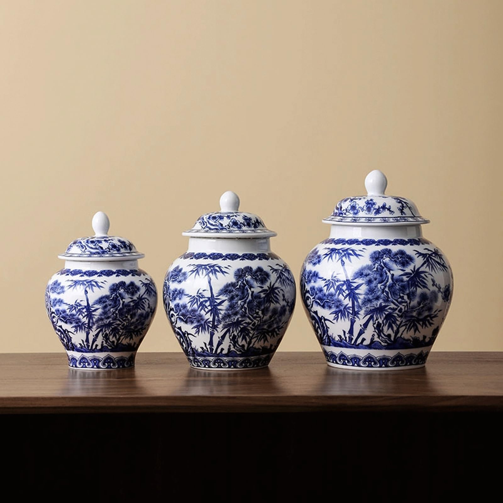 EYPKPL Blau-weißes Porzellan-Ingwerglas mit Deckel, traditionelle Chinoiserie-Deko-Vase, Keramik-Kiefernbaum-/Bambusmuster, S/M/L, Schläfenglas(M)