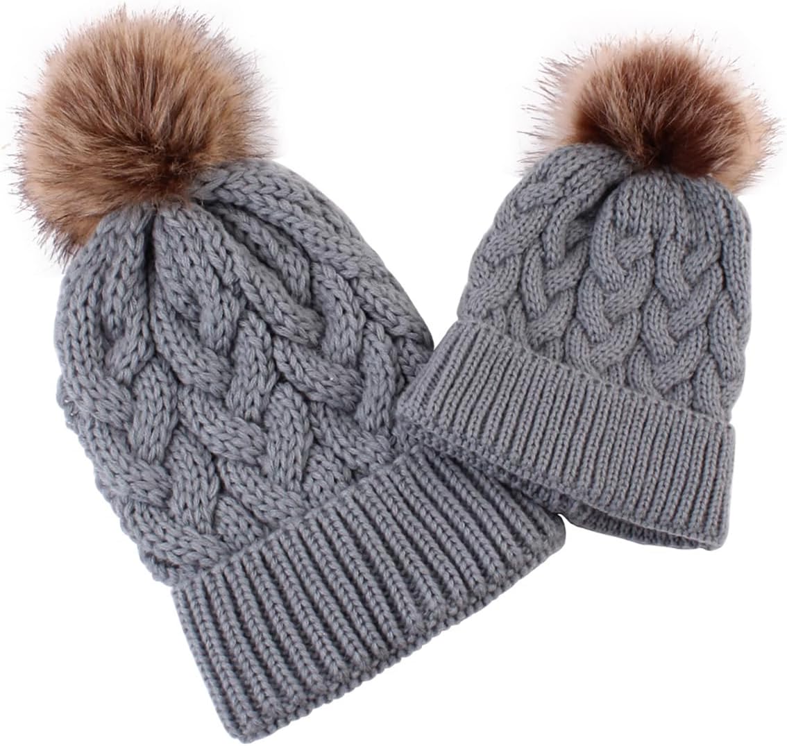 Parent Child Beanie Hat, Winter Warm Stylish Soft Thicken Knit Cap with Pom Pom