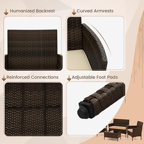 Miniatura 7 de HAPPYGRILL Juego de 4 muebles de mimbre para exteriores, juego de muebles de mimbre para patio con sillas de dos plazas y mesa de café de vidrio