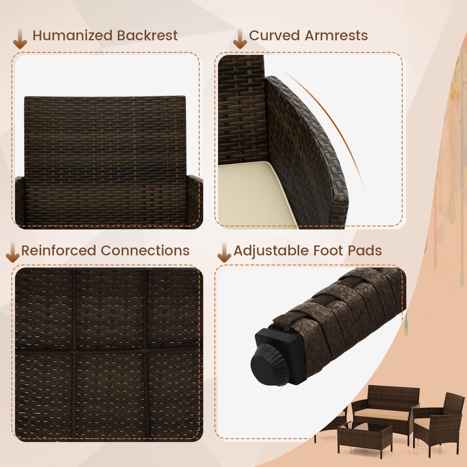 SOARS Gartenmöbel Set aus PE-Rattan, Balkonmöbel mit 2 Sesseln, Zweisitzer, Glas-Couchtisch & Sitzkissen, Outdoor Terrassenmöbel, Balkon Sitzgruppe für Terrasse, Balkon & Garten (Braun+Beige)