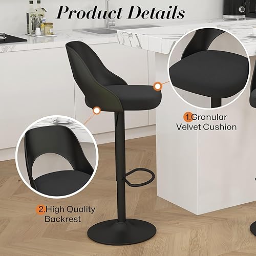 Miniatura 5 de Juego de 4 taburetes de bar giratorios de altura ajustable con respaldo de polipropileno hueco, silla tapizada con base de metal negro, asiento negro