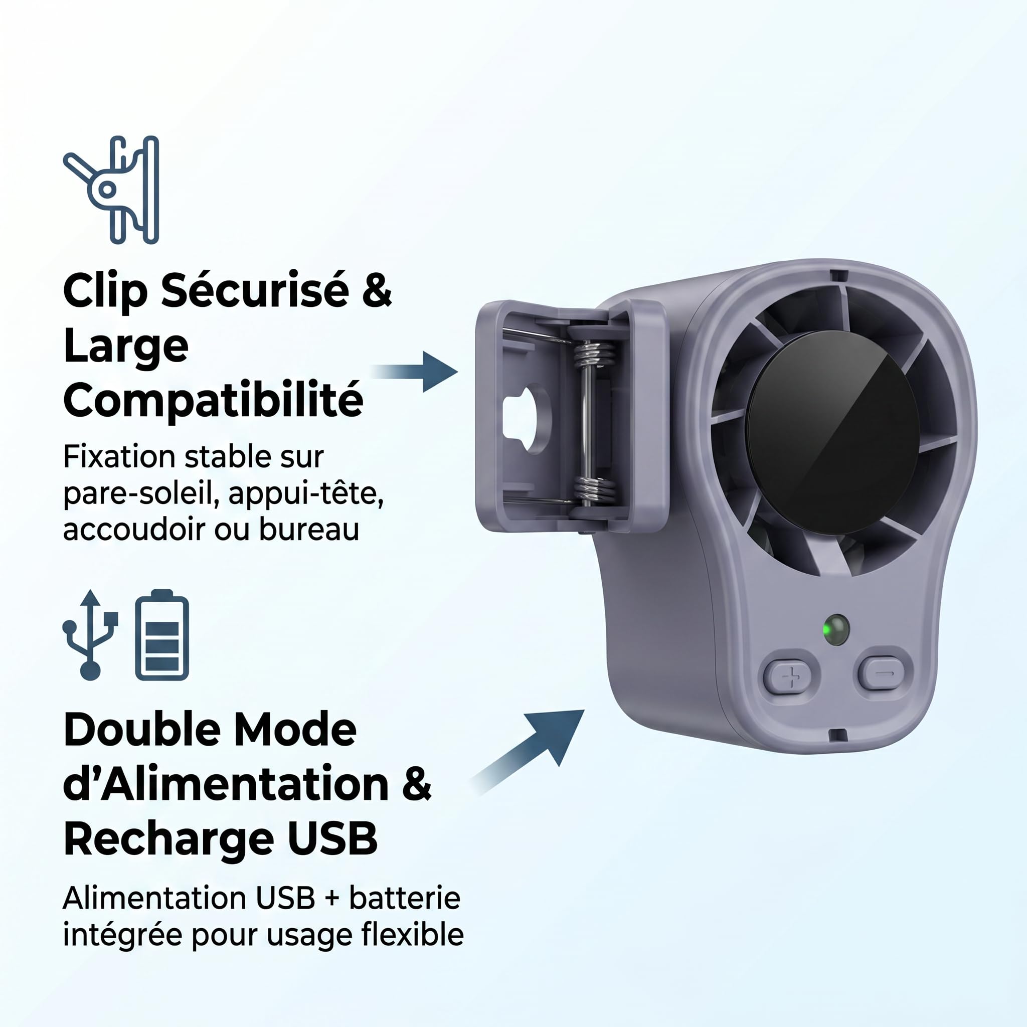 Ventilateur pour climatiseur avec écran LED, rotation à 360 degrés, rechargeable via USB, 199 vitesses réglables, pour voiture, travail, camping (noir)