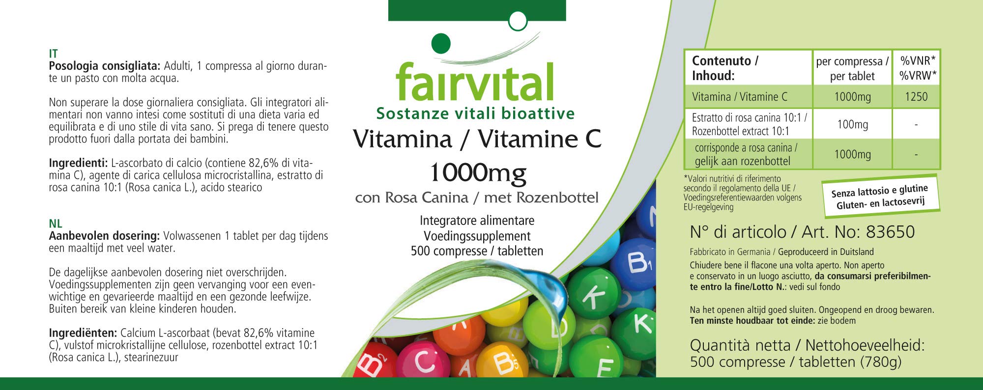 fairvital Vitamine C 1000mg, 500 comprimés, hautement dosée et à base de cynorrhodon, VÉGÉTALIENNE, facile à avaler et douce pour l'estomac, GRAND FORMAT