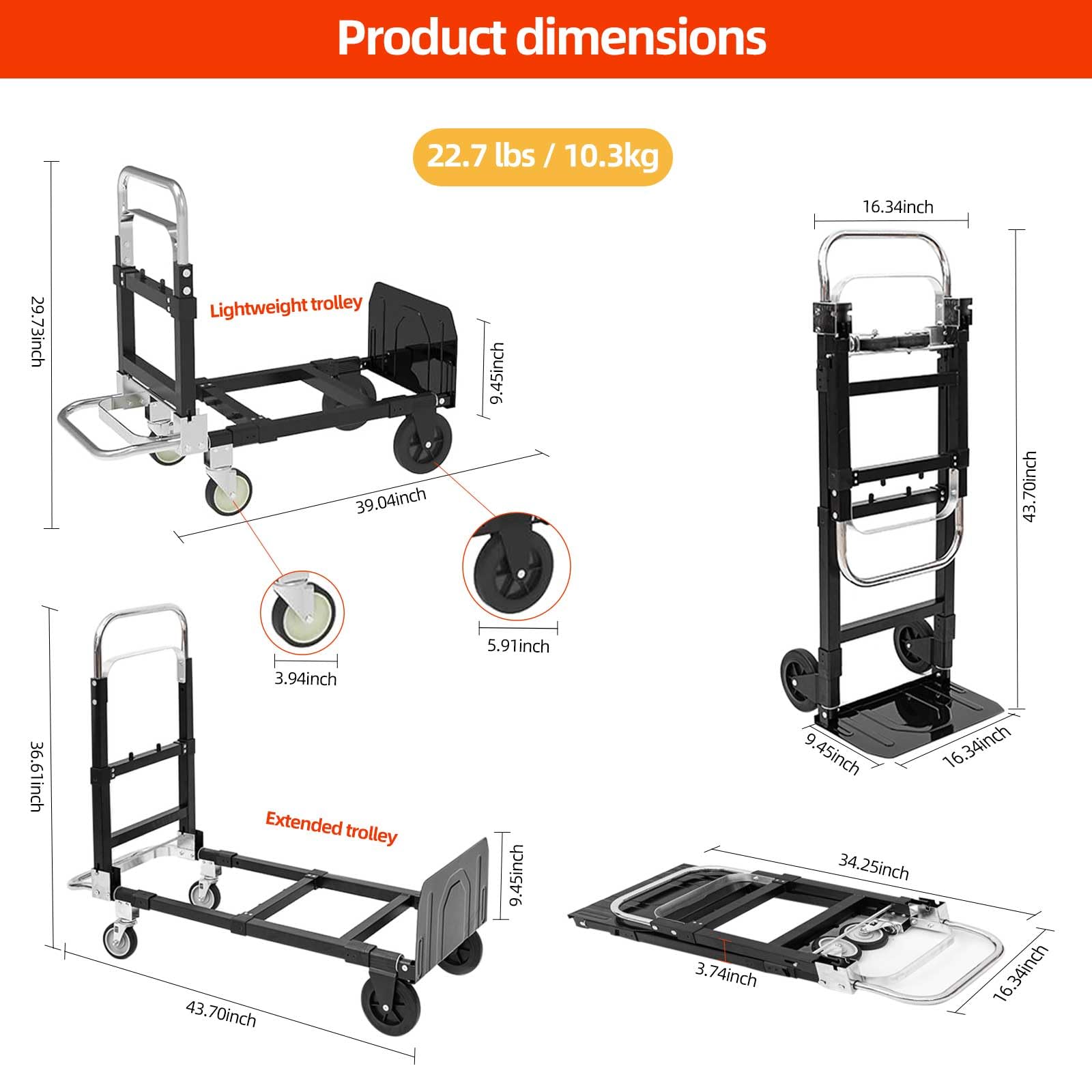 Carretilla de mano, diseño 2 en 1, capacidad de 700 libras, carrito industrial plegable y extensible con 4 ruedas de goma, para transporte y mudanza en almacenes, supermercados, jardines y centros