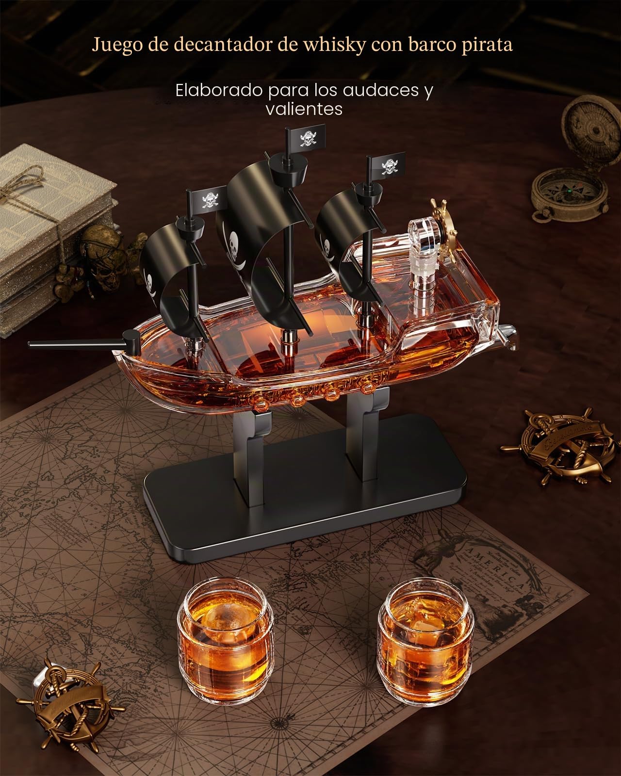 Kollea Regalos de cumpleaños para hombres papá, decantador de whisky con barco pirata, juego de 2 vasos, dispensador de licores para el bar en casa, ideas de regalo divertidas para él, novio