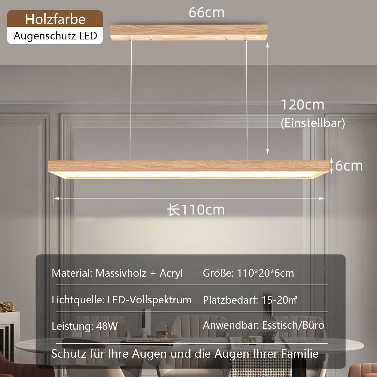 LED Pendelleuchte Esstisch Hängelleuchte Holz Rustikal Dimmbar 48W Mit Den Fernbedienung Pendellampe Höhenverstellbar Moderner Hängellampe Harzleuchter Für Küche Kronleuchter Wohnzimmer Büro Cafe