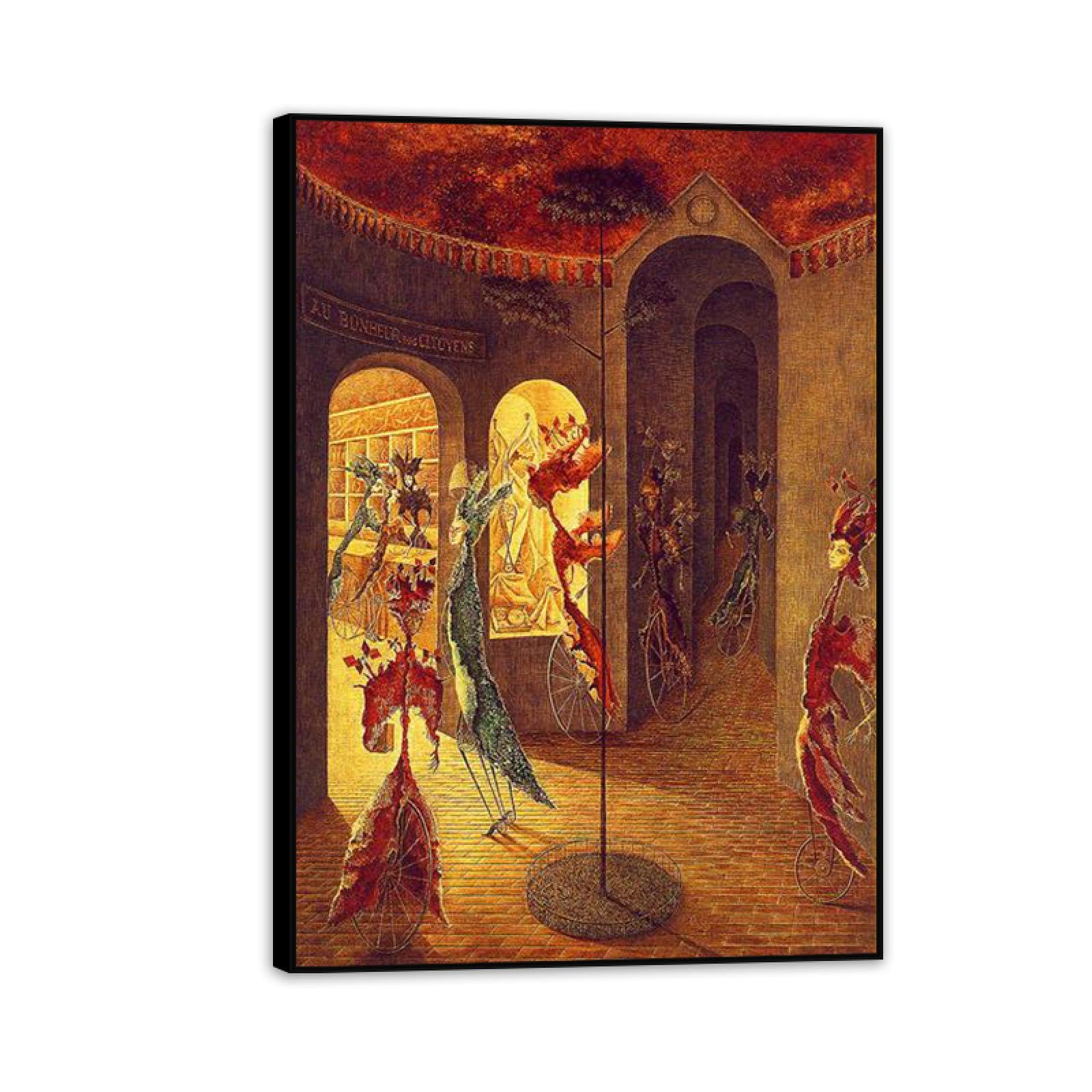 MYCGGDGH Remedios Varo Canvas Wall Art Reproductions of Famous Paintings The ladies at Bonhuer Surrealist Canvas Painting Wall Decor for Living Room Bedroom Home Decor 85x60cm(33x24in) Black Framed
