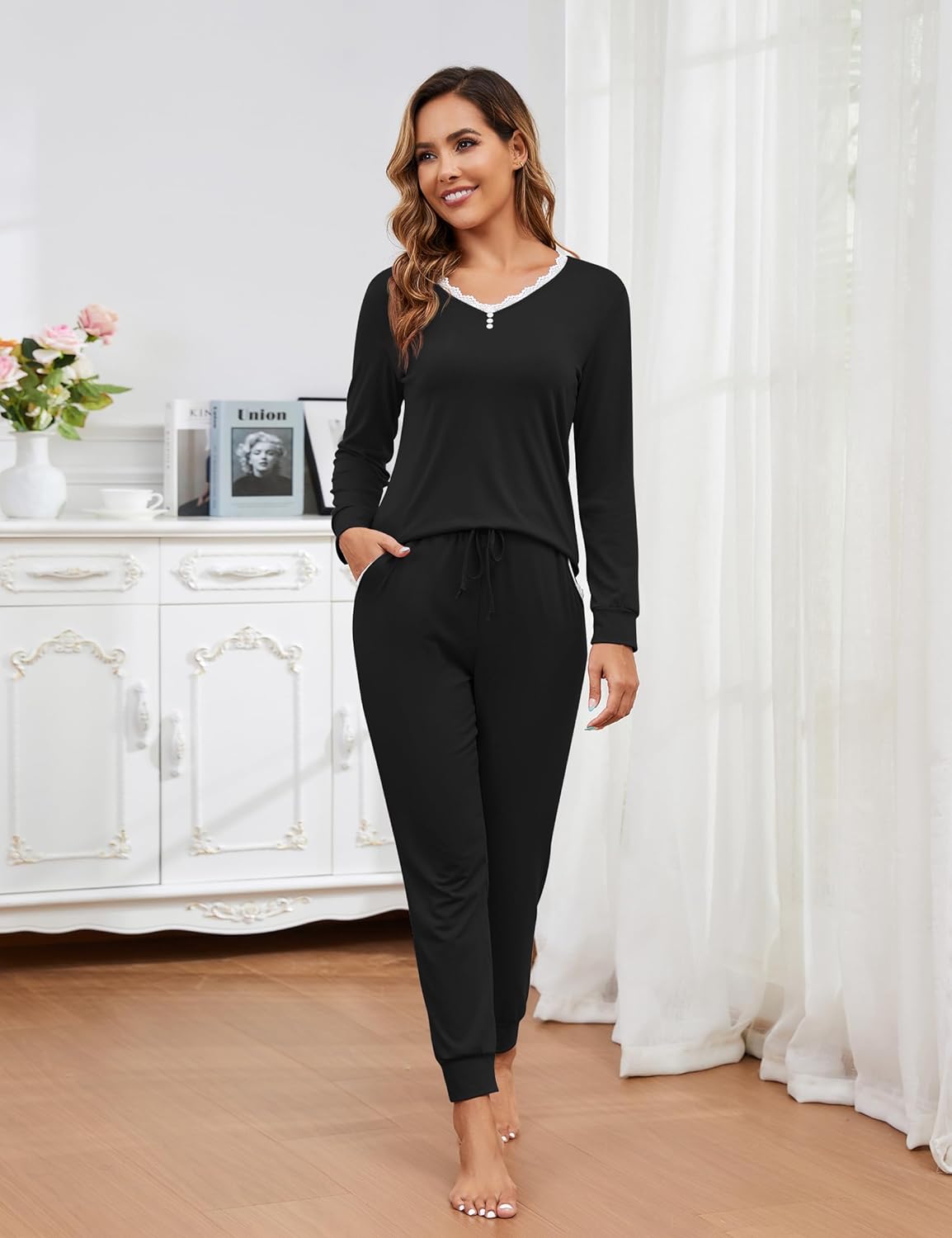 Soft Womens Pajama Sets Lace Lounge Sets V-neck 2 Piece Long Sleeve Top with Jogger Pants Loungewear Set with Pockets - Image 3