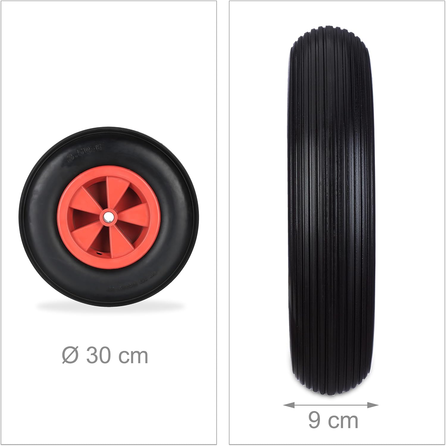 Relaxdays Wheelbarrow Wheel 3.50-6, Solid Rubber, Plastic Rim, Spare Wheel, Wheelbarrow, Puncture-Proof, up to 100 kg, Black/Red