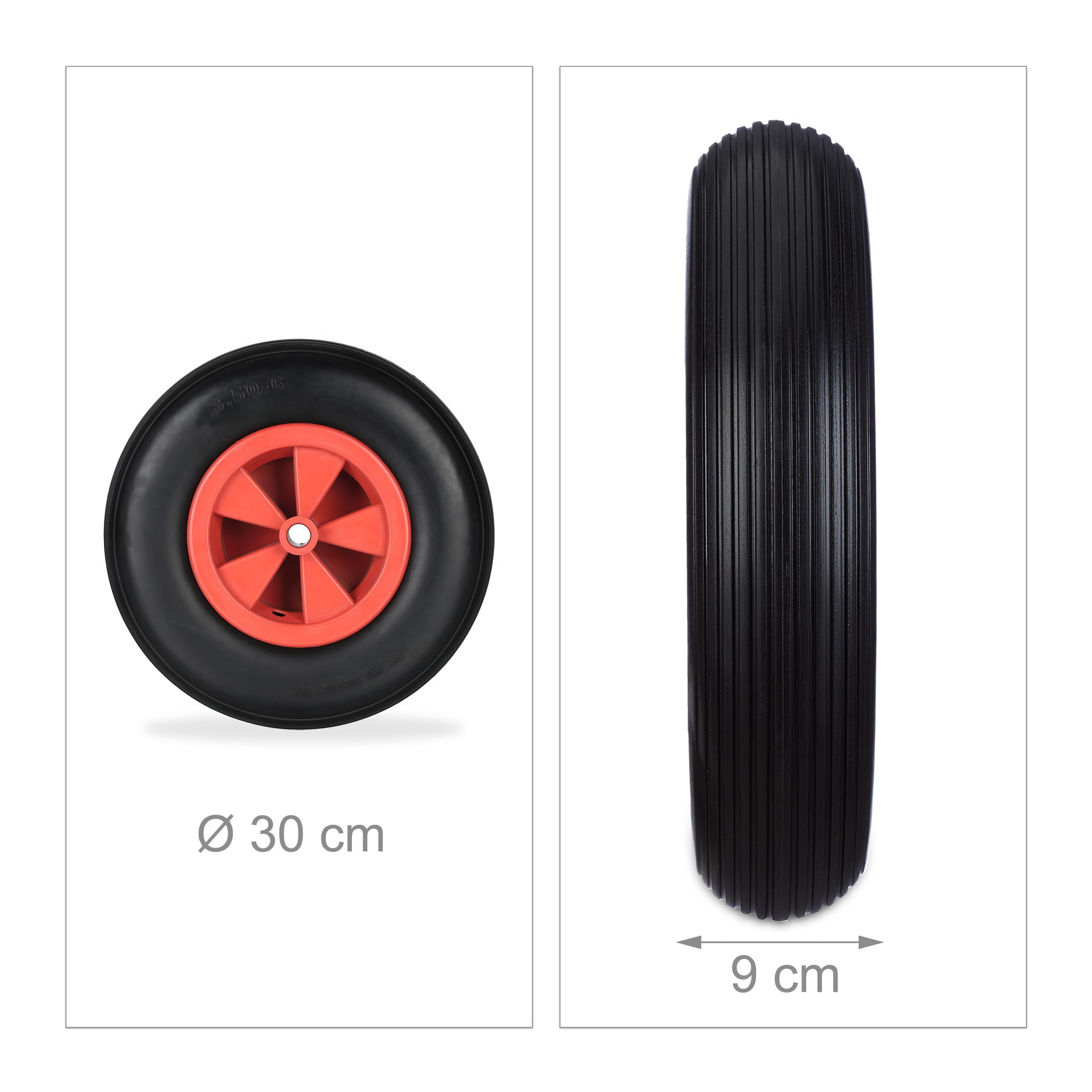 Relaxdays Schubkarrenrad 3.50-6, Vollgummi, Kunststofffelge, Ersatzrad Schubkarre, pannensicher, bis 100 kg, schwarz/rot
