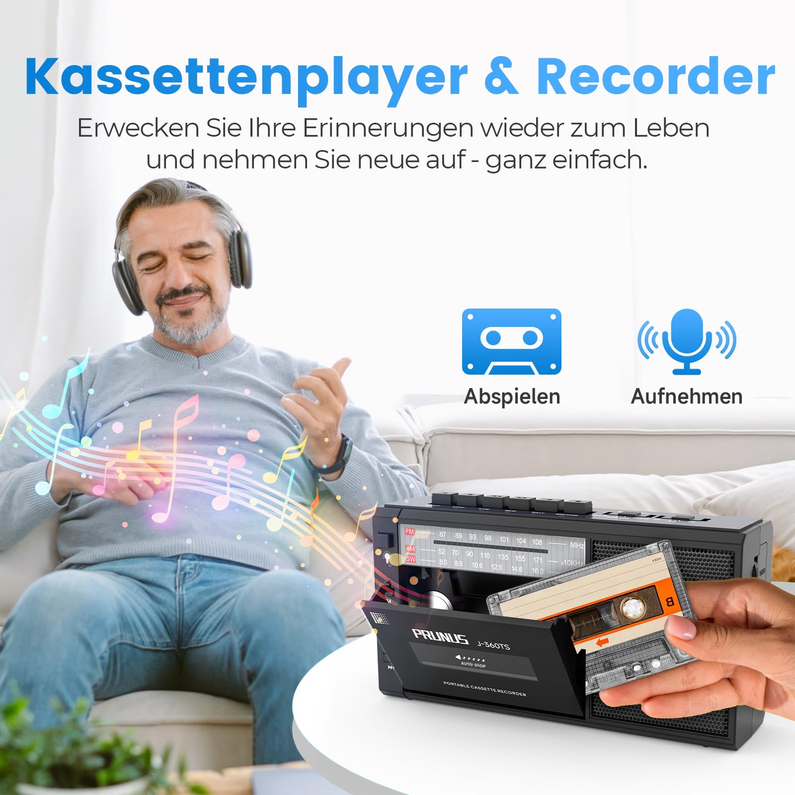 PRUNUS J-360 Tragbare Kassettenspieler mit Bluetooth, AM/FM Kassettenradio mit Akku & Solarpanel, Kleines Radio kassettenrekorder mit Kopfhöreranschluss, TF/USB-Laufwerk.