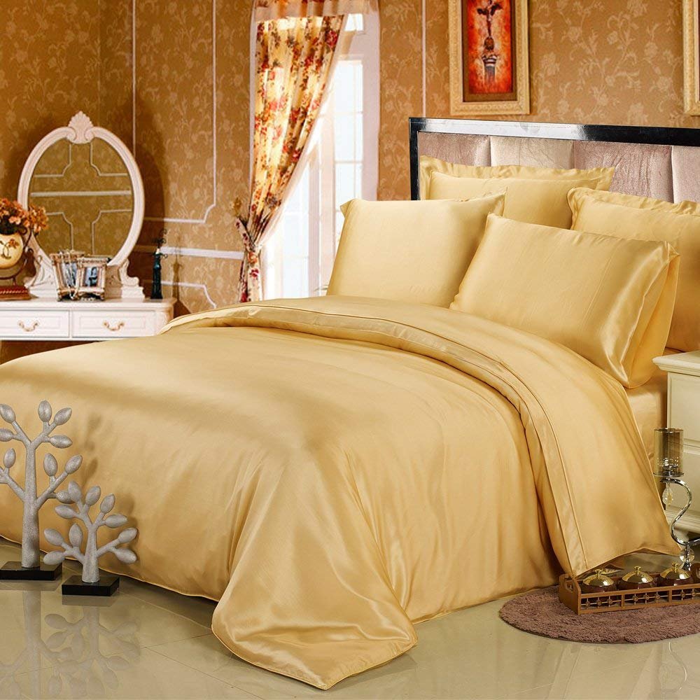 LilySilk 4Pcs Gold Silk Bedding Sheets Queen Flat Sheet Fitted Sheet Oxford Pillowcases Set 19 Momme Pure Silk Soft