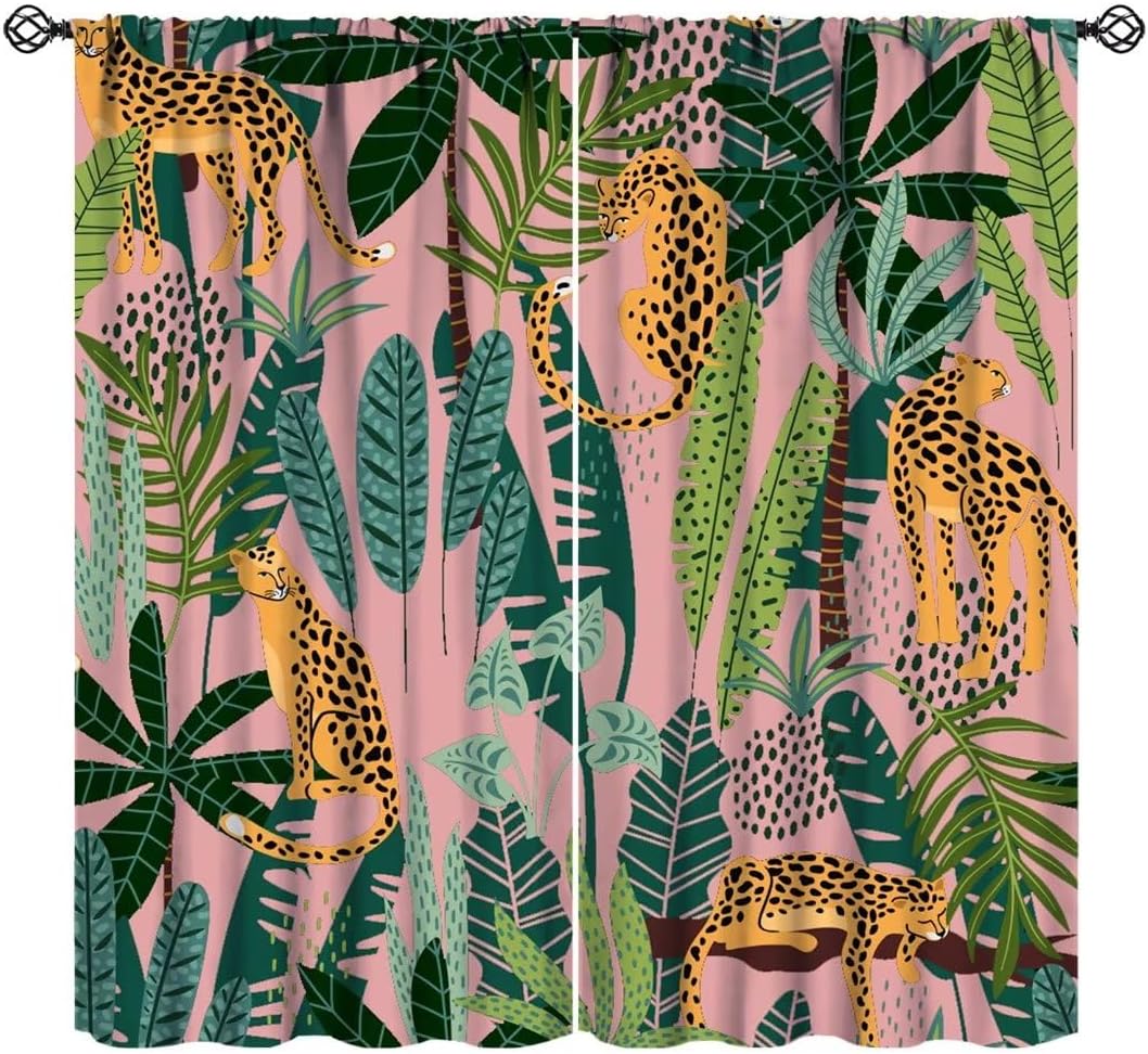 Jungle Leopard Curtains, Rainforest Wild Animal Leopard Asian Pink Cheetah Tiger Tropical Palm Leaf Print Blackout Window Treatments for Kids Bedroom Living Room 42x63in