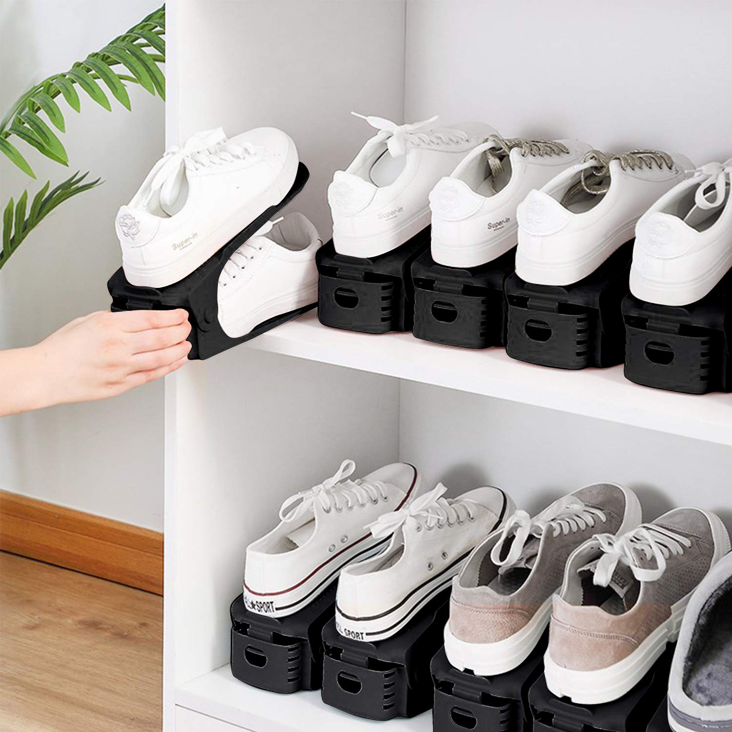 AufuN Regulowany regał na buty, antypoślizgowy, 3 poziomy regulacji wysokości, organizer na buty (czarny, 20 sztuk)