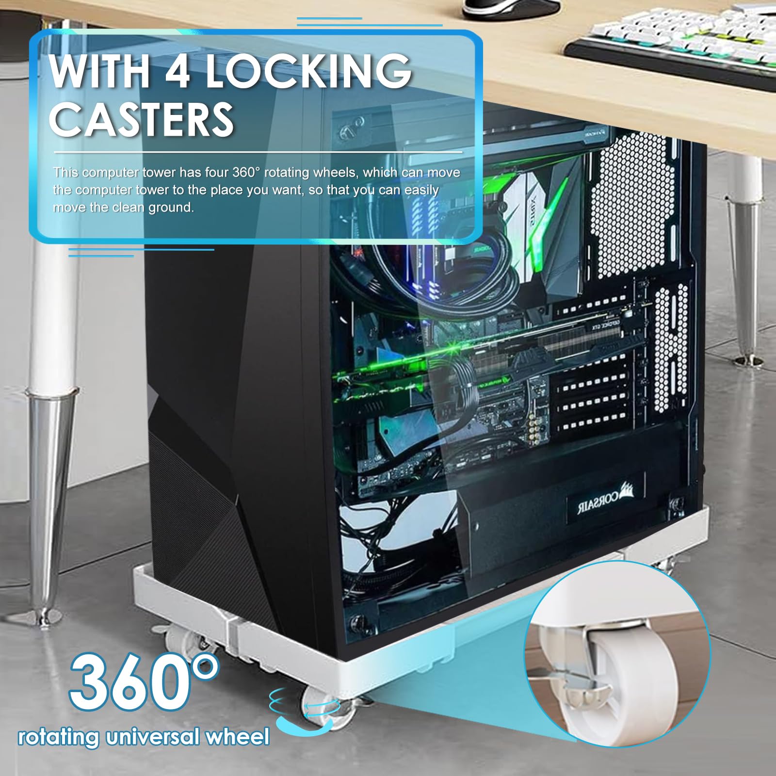 Supporto per PC Case Stand, Supporto per PC Case con rotelle Bloccabili, Regolabile Computer CPU Holder e 4 Ruota, Adatto alla Maggior Parte dei Computer