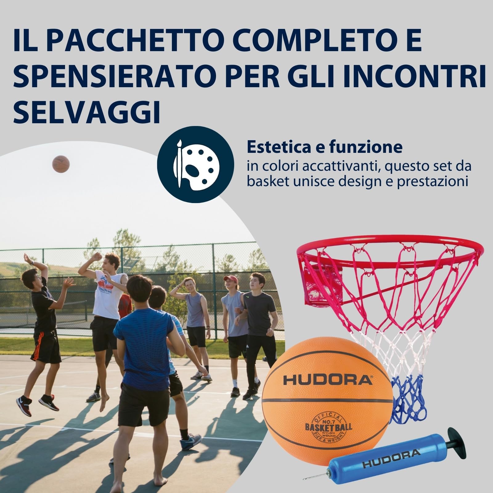 HUDORA Set Basketball Slam It - Cesto, Palla Misura 7 e Pompa - Robusto Canestro per Interni ed Esterni - Palla in Gomma per Bambini e Adulti