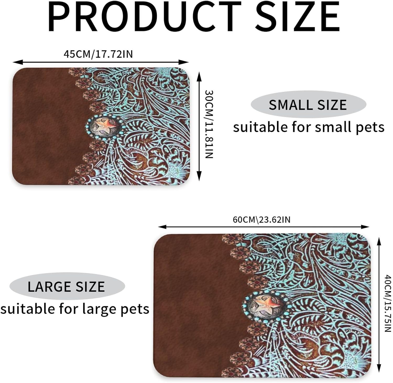 Tooled Leather Country Western Turquoise Pet Feeding Mat-Absorbent Quick Dry Pet Cat Dog Food Mat Non Slip Waterproof Rubber Dish Placemat