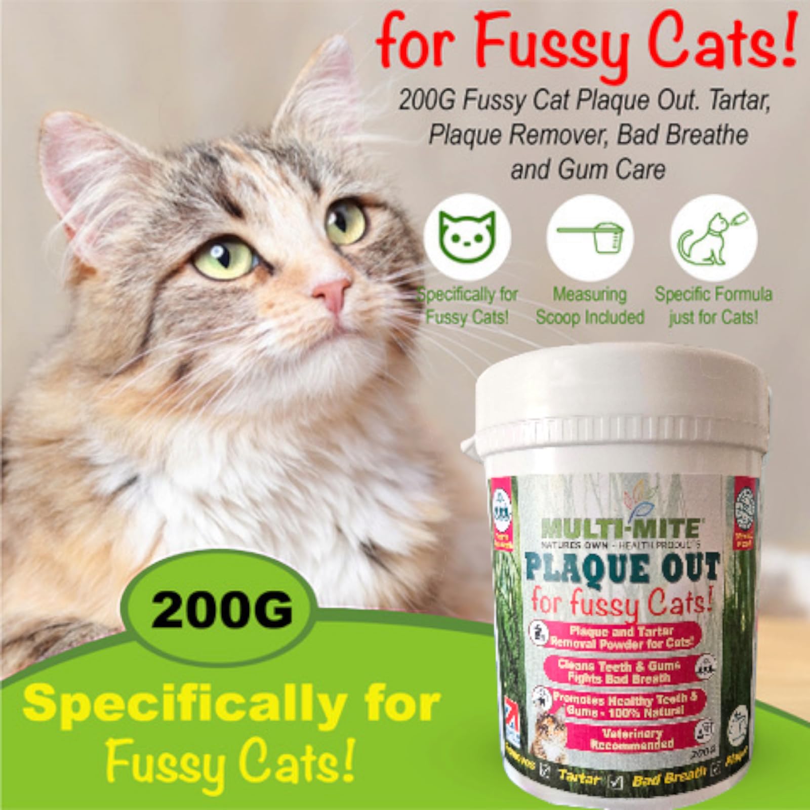 PLAQUE OUT for Fussy Cats 200g Pot, Plaque Off Remover, 100% Natural and Organic Seaweed Powder for Cats, Cat Teeth Cleaning - Image 2