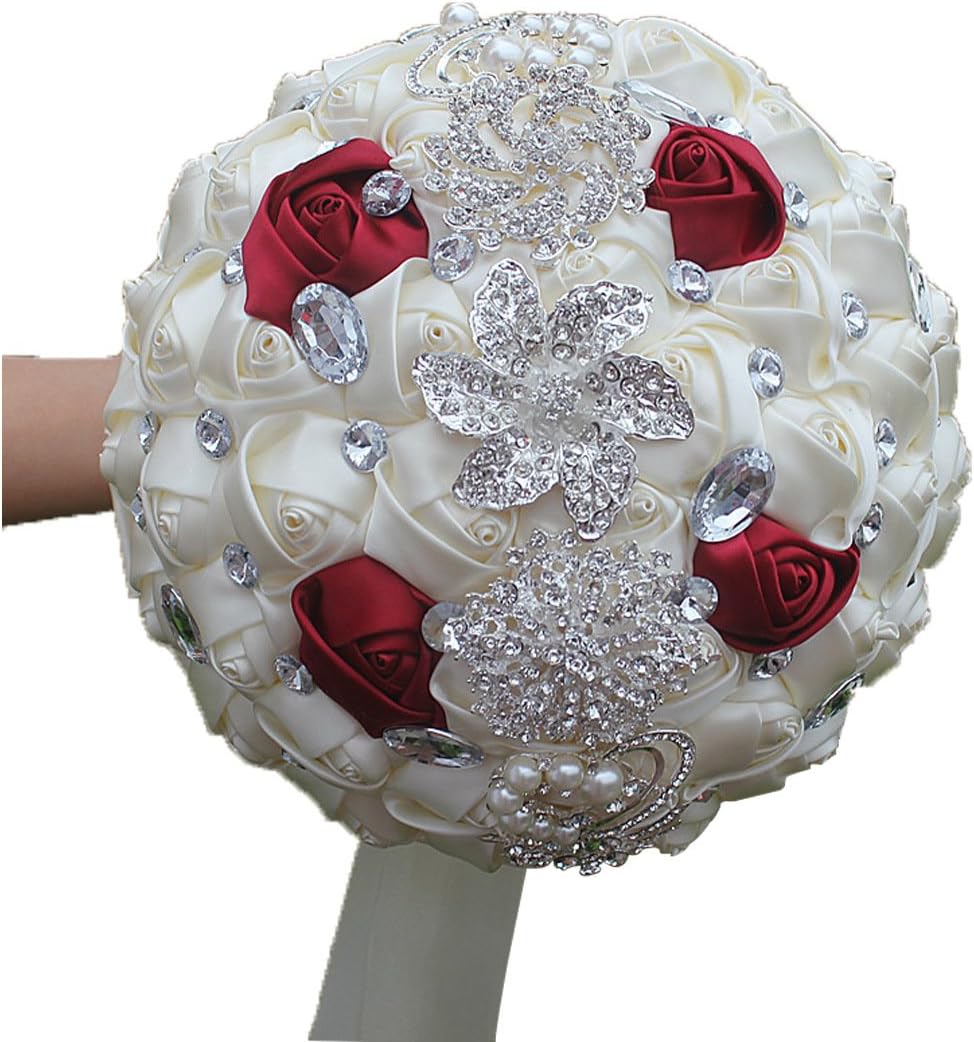 DOTKV Wedding Bouquet, Artifical Rose Posy with Satin Jeweled Throw Bouquet, Bridesmaid Holding Flowers,Wedding Guardian, Wedding Memories Forever (Red)