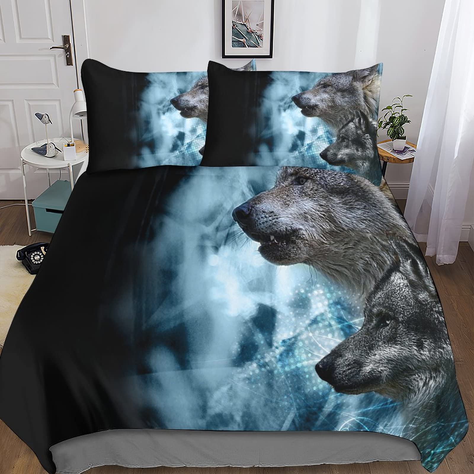 Housse de couette loup 220x240 cm avec taies d'oreiller pour lit adulte et enfant