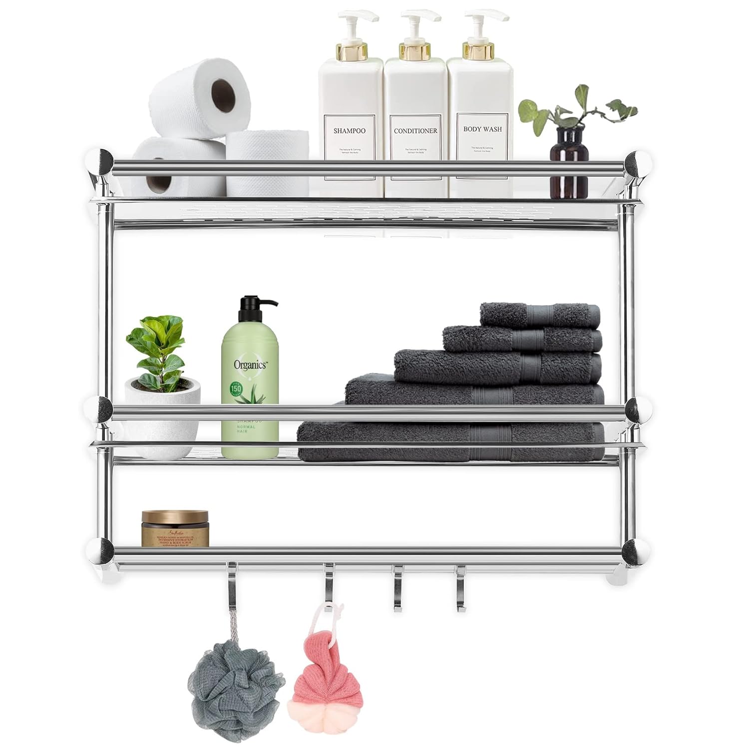 Cheer Collection Wall Mounted Shower Caddy - 2 Tier Stainless Steel Bathroom Shelves Organizer with Towel Hooks No