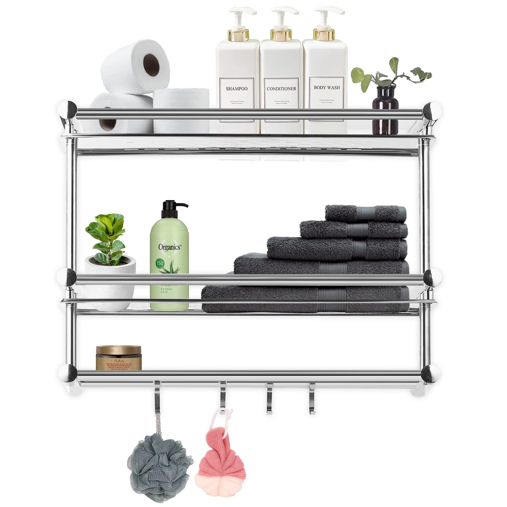 Cheer Collection Wall Mounted Shower Caddy - 2 Tier Stainless Steel Bathroom Shelves Organizer with Towel Hooks No