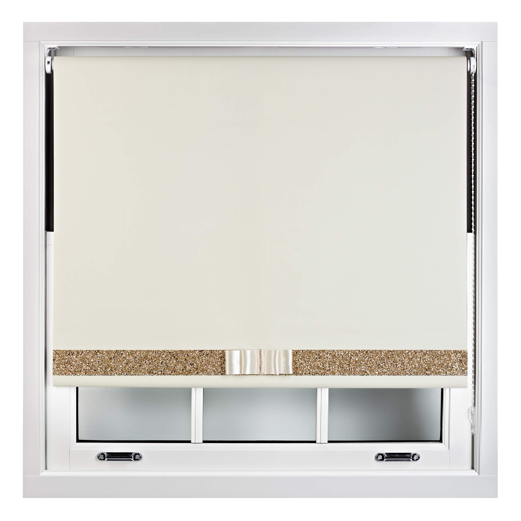 Furnished Cream Blackout Roller Blinds Decorative Glitter Fabric & Bow - Trimmable - 175W X 165H Cm