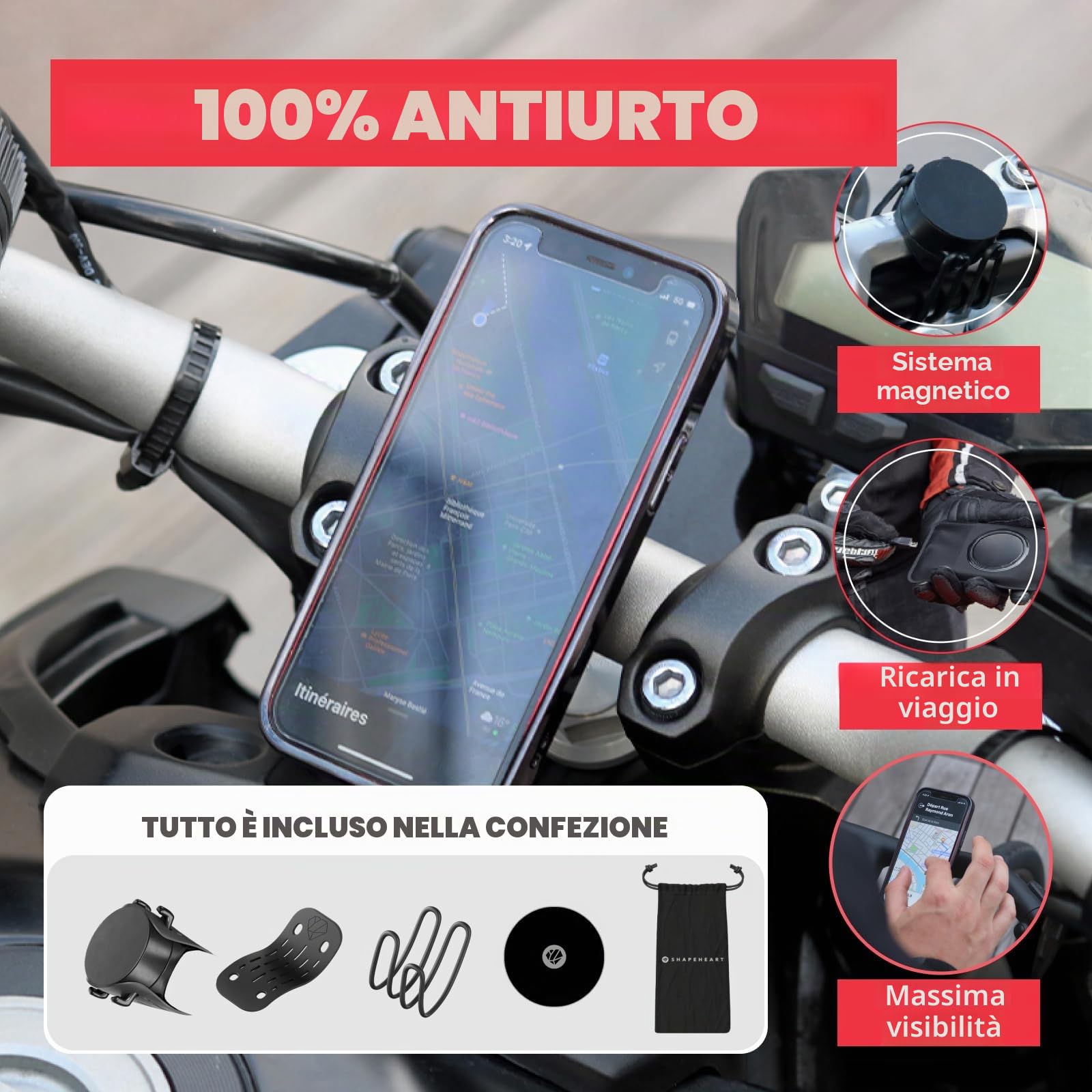 Shapeheart Innovazione francese, Portacellulare magnetico per moto con piastra in acciaio ultrasottile, Anti riflessione, Supporto per telefono per manubri o ponti di moto, Accessorio moto universale