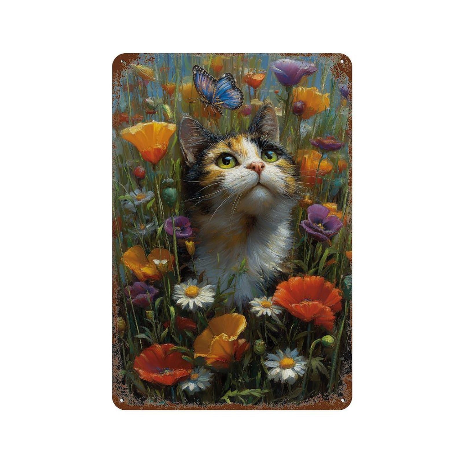 Garage Style Floral Fantasy with Cat Rust Effect Tin Sign 11.8"x7.9", Rustic Home Decor for Bar And Workshop