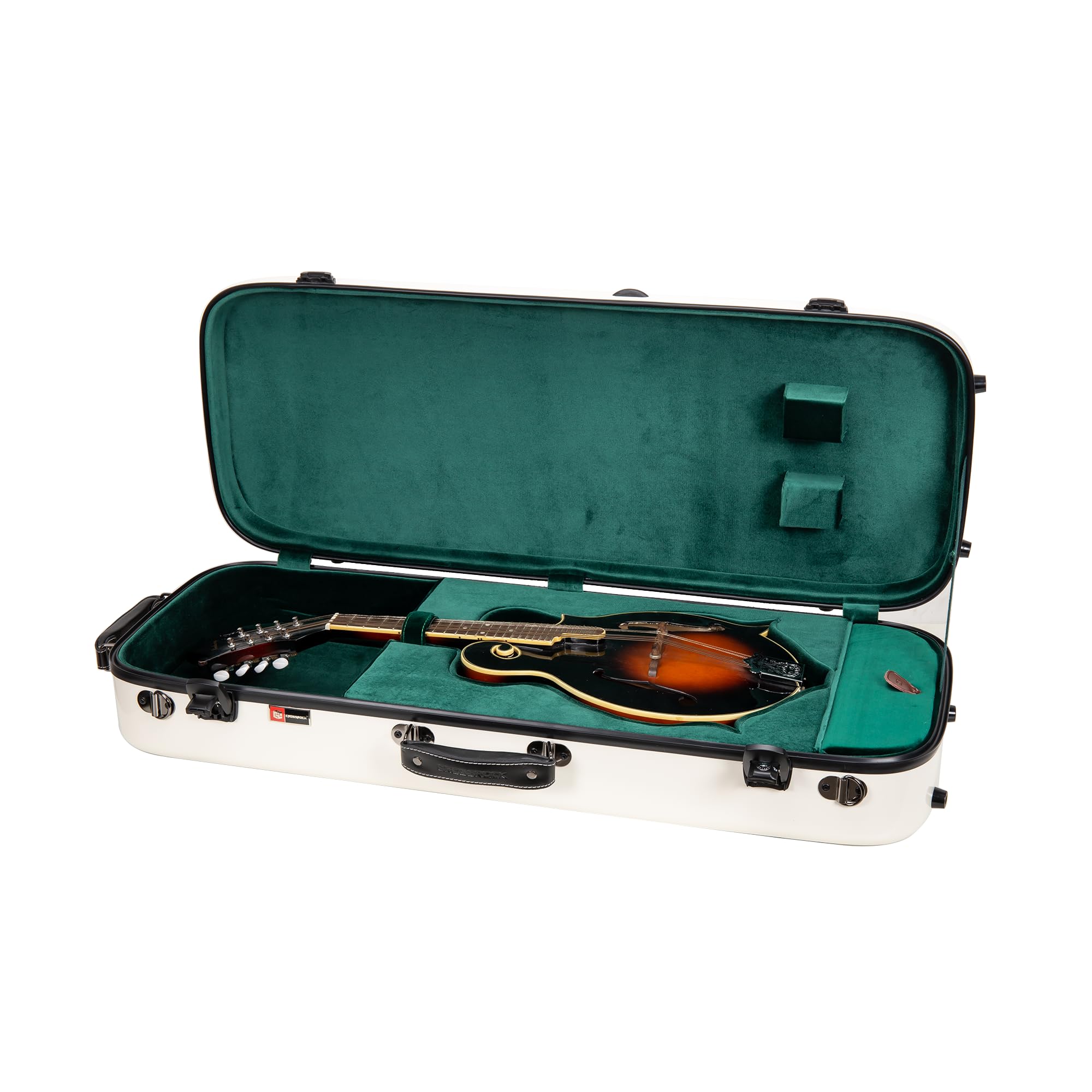 Crossrock Fiberglass Rectangular Mandolin Case for F-Style (Fits Gibson F5, L/R Hand) | Milky White Gloss, Forest Green Velvet, TSA Lock, Hygrometer, Backpack Straps – Pro Travel Series