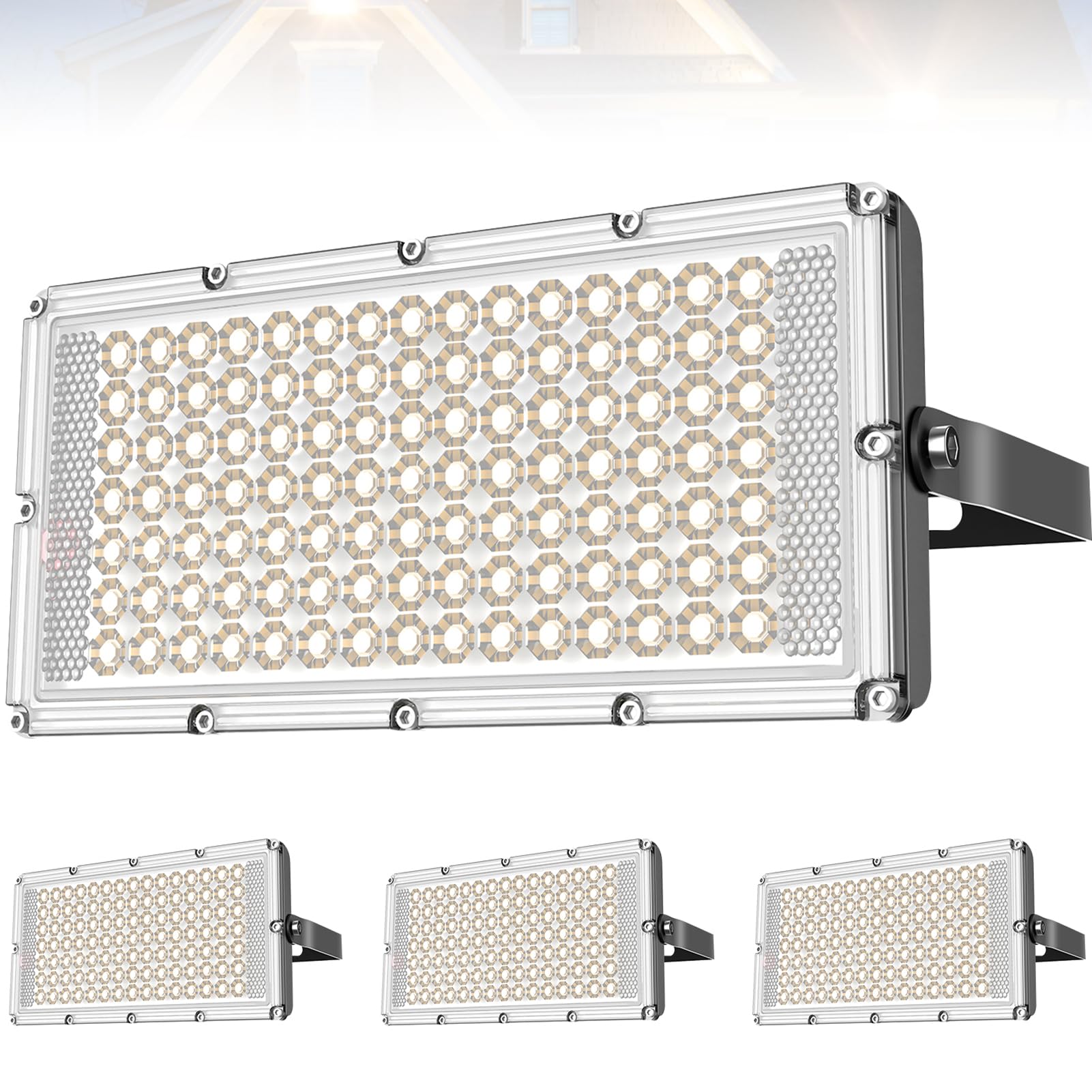 Viugreum 4 Pack 100W Outdoor LED Floodlight, IP66 Waterproof Spotlight Security Light, Super Bright 8000lm Worklight Wall Light for Yard, Garden, Garage, Hallway,3200K Warm White [Energy Class A++]