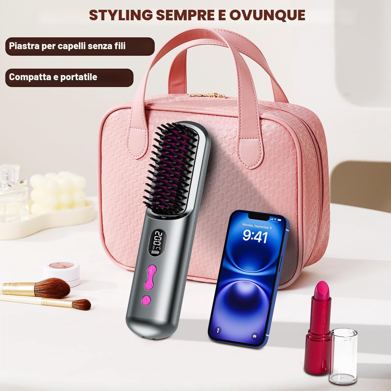 Spazzola Lisciante per Capelli 9600mAh, Spazzola Lisciante Senza Fili 40 Milioni di Ioni Negativi, Riscaldamento Rapido, Pettine Lisciante per Capelli per Viaggio, 4 Livelli di Temperatura (Grigio)