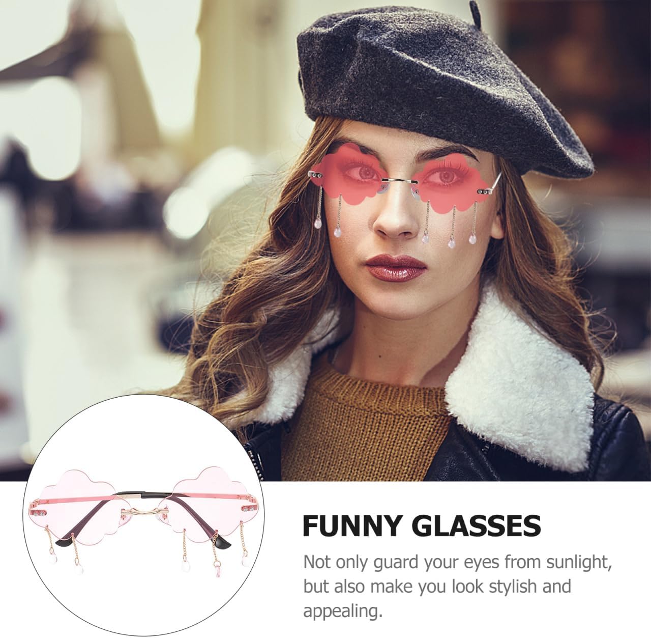 Cloud Sunglasses for Women Men Rimless Cloud Shaped Glasses with Raindrop Tassel Weirdcore Funky Sunglasses for Festival Party Cosplay Aesthetic Trendy Unique Eyeglasses Pink