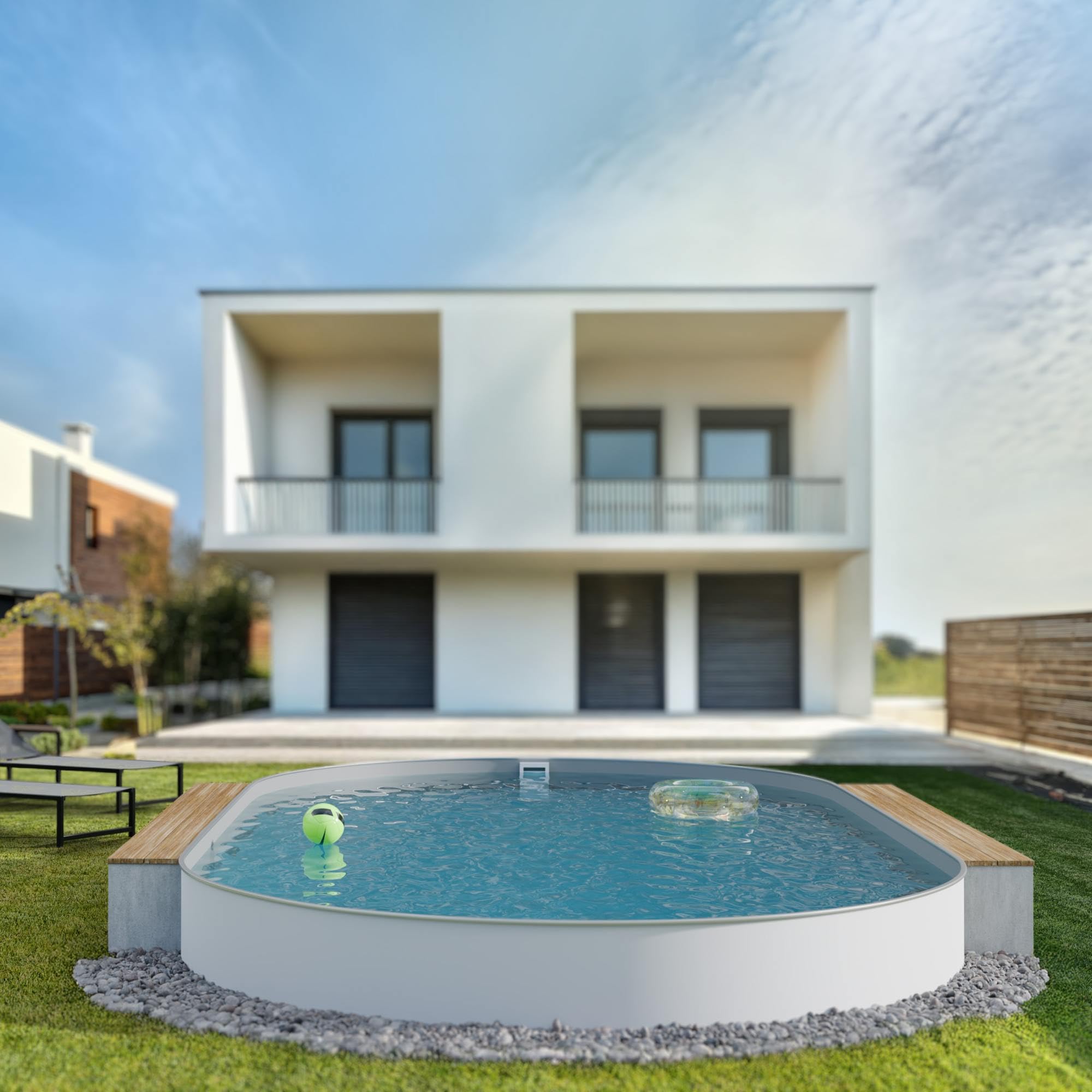 Fresh-Pool Profi Stahlwandpool Set oval, 525x320x120 cm, Stahl 0,6 mm weiß, Folie 0,8 mm grau, Einhängebiese