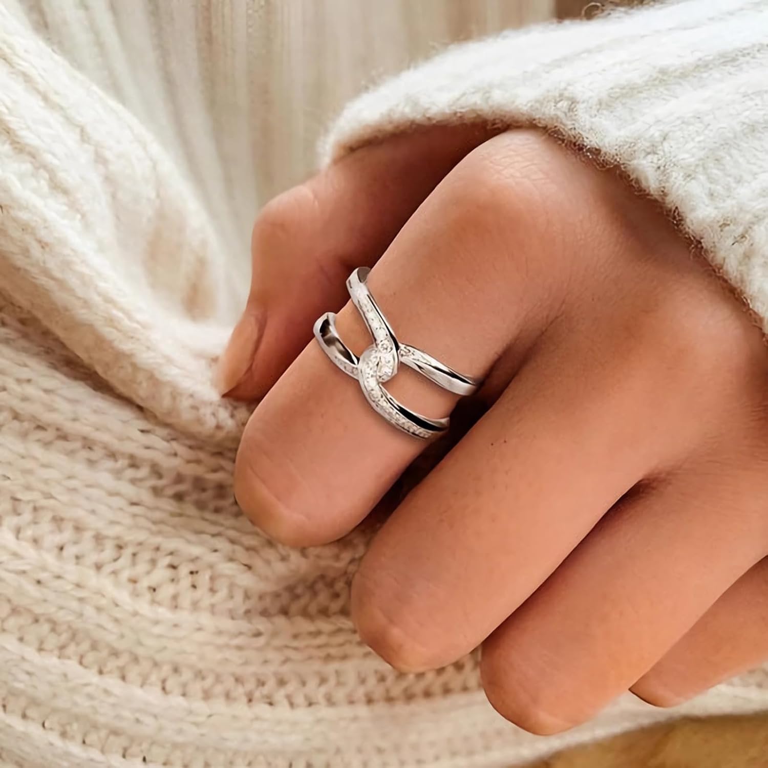 925 Sterling Silver Mother Daughter Knot Rings, Friendship Rings for Women, 2 Layered Cubic Zirconia Ring Birthday Gifts for Mom, Gifts for Women (Silver, 7) - Image 4