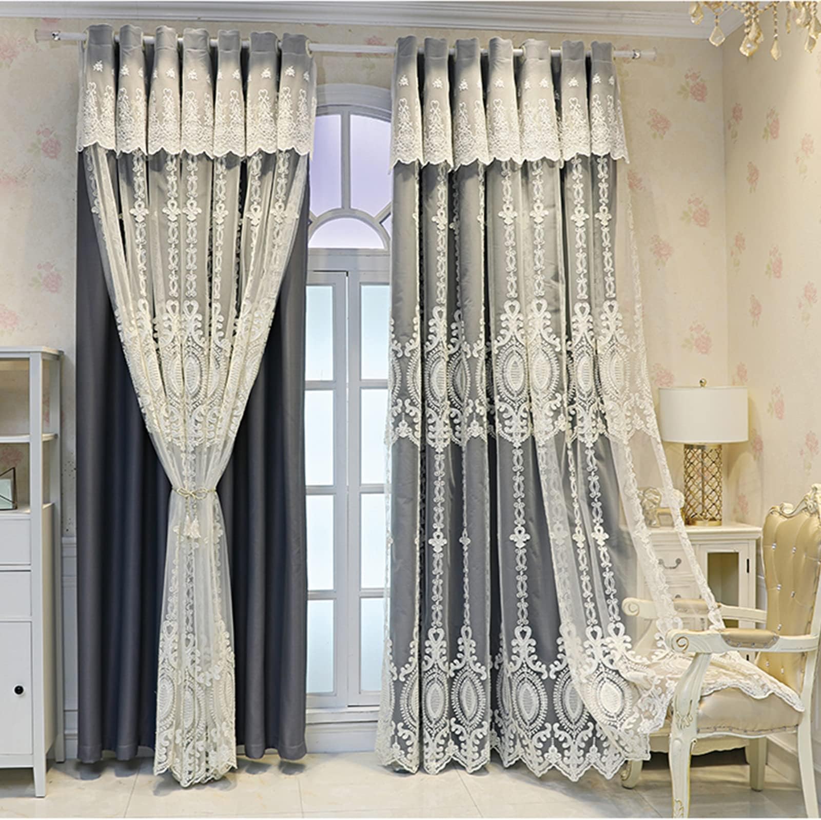SHUNHUA Blackout Curtains Double Layer Window Curtain-European Style lace Embroidery Double Deck Blackout Tulle Curtain,Living Room Layered Eyelet Drapes Valance Panel,Girl Be