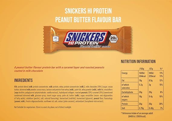 Snickers Hi Protein Peanut Butter Flavour Bar (12 x 57g) High Protein Snack with Caramel, Peanuts and Mild Chocolate - Contain 20g Protein