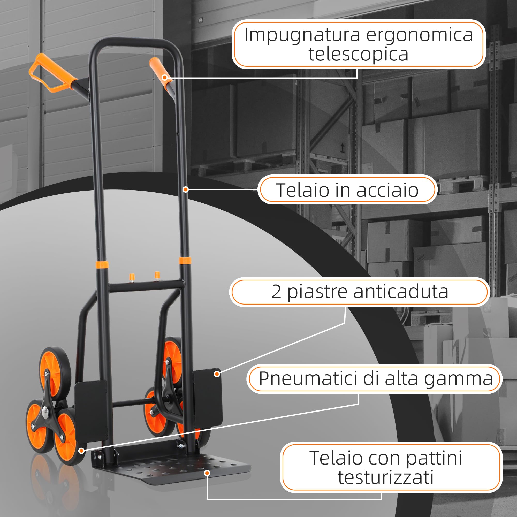 DURHAND Carrello Portapacchi per Scale 6 Ruote, Carrello Pieghevole, Portata 120kg, Carrello con Ruote Portatutto, Telaio Acciaio, Maniglia in PP, per Trasloco, Giardinaggio, Oggetti Pesanti Arancione