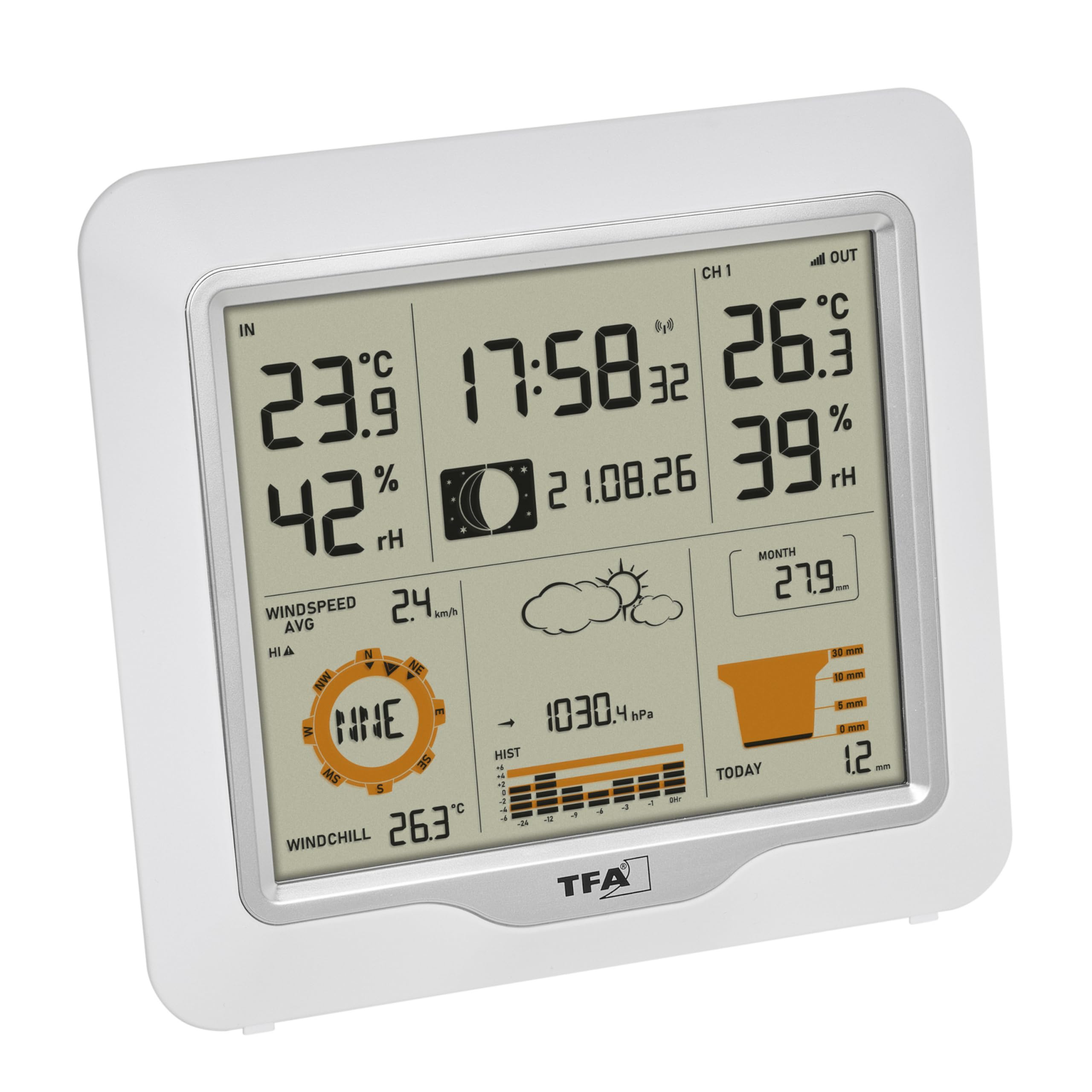 TFA Dostmann Digitale Funk-Wetterstation 5-in-1 mit Kombisender Weather One, 35.1177.02.99, 2 Display, Luftfeuchtigkeit, Temperatur, Regenmesser, Windmesser, mit Luftdruck, Wettervorhersage, Alarme