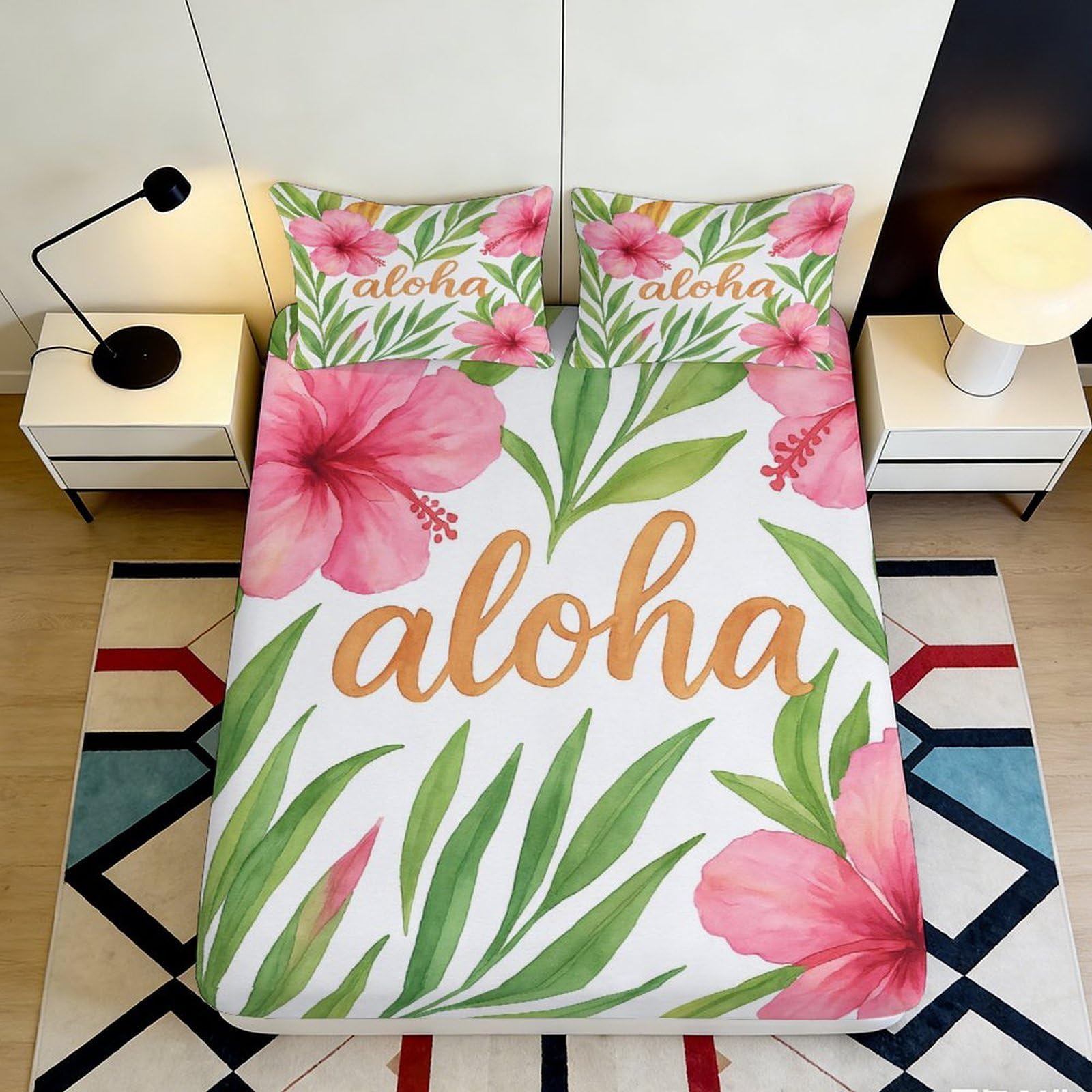 3D Printed Tropical Hibiscus Fitted Sheet Microfiber Soft Floral Leaves Bed Cover for Bedroom Guest Room Decor 90x200x25cm