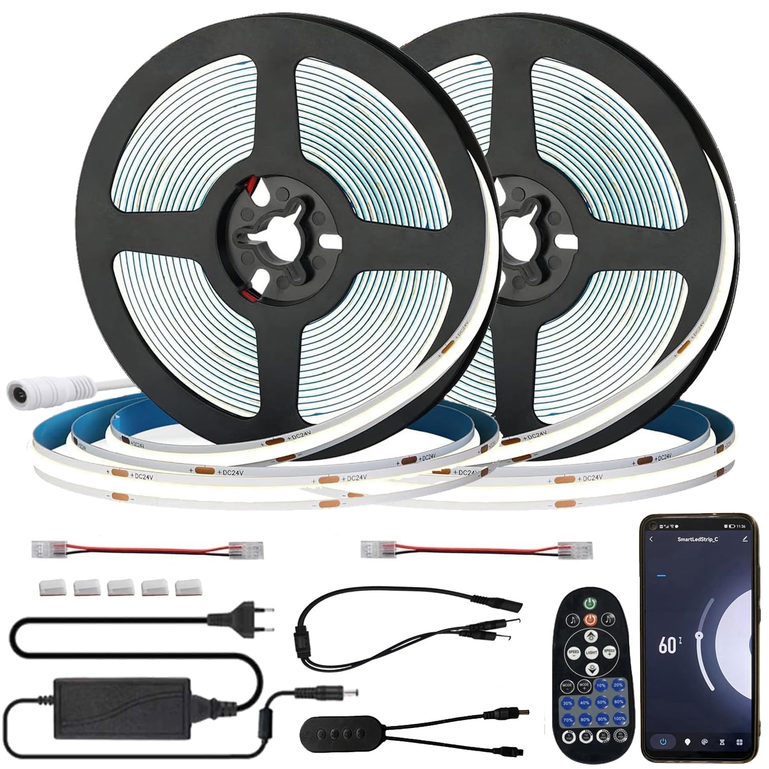 Striscia LED COB 10 metro (2x 5m) Bianco Freddo 6000K, controllata tramite WIFI, dimmerabile con alimentatore 12V & telecomando IR, autoadesiva, compatibile con APP Tuya