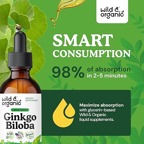 Miniatura 4 de Wild & Organic Tintura de ginkgo biloba, apoyo para el cerebro y la concentración con suplemento de hoja de ginkgo, tintura de extracto de hierbas