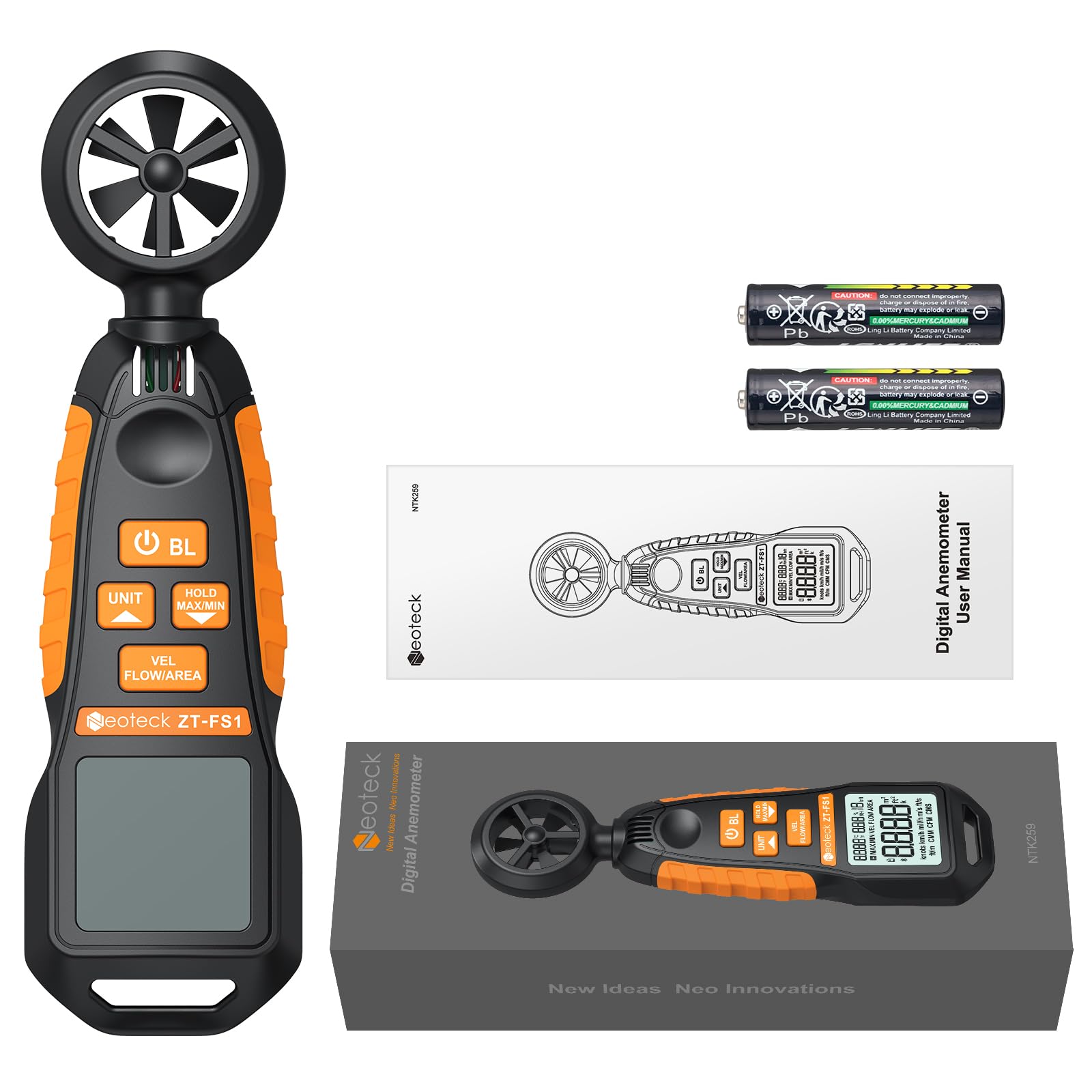 Neoteck Anemometro Digitale con LCD Retroilluminato Misuratore di Velocità del Vento Misura la Temperatura e Umidità del Vento Velocità CFM Anemometro per Barca Windsurf Vela Attività all'aperto