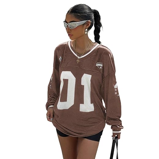 Floerns jersey shirts for women letter print mesh y2k top long sleeve soccer t-shirt