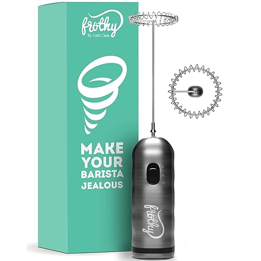 Café Casa Milk Frother for Coffee - 2 Speed Handheld, Battery Operated, Stainless Steel Drink Mixer & Mini Foam Maker - Electric Whisk for Coffee, Lattes, Hot Chocolate, and Shakes